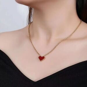 🟡New 18K Gold Plated Stainless Steel Necklace Red Heart Charm